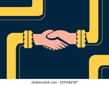 Yellow Gas Pipe. Gas Pipeline Pipe With A Change In The Trajectory Of Movement. Carrier Of Energy And Heat. Business Partnership. Joint Use Of The Gas Pipeline. Unity In Teamwork