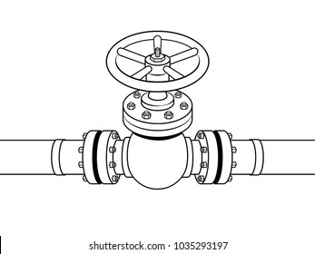 Yellow gas pipe with red valve coloring vector illustration. Isolated image on white background. Comic book style imitation.