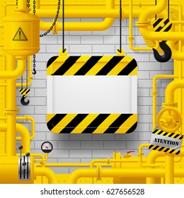 Yellow gas pipes and suspended sign with yellow and black stripes. Industrial frame and background. Vector Illustration