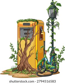 Yellow gas pump, blue bicycle, and lamp post overgrown with vines and surrounded by vegetation