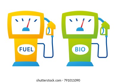 Yellow gas pump and green bio fuel filling station icons isolated