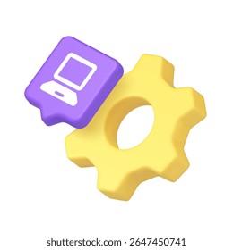 Yellow gear combined with a purple speech bubble featuring a computer icon, symbolizing settings, digital services, and software development. 3d icon realistic vector illustration.