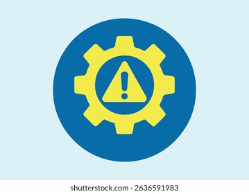 A yellow gear containing an exclamation mark, set against a blue circle. The background is light blue.