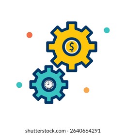 Yellow Gear with Dollar Sign Interlocking with Blue Clock Gear for Finance Automation