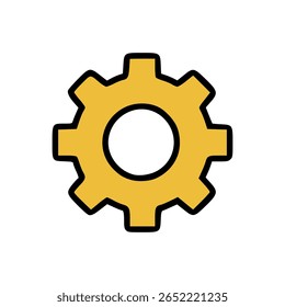 Yellow Gear Icon with Bold Black Outline on White Background in Flat Minimalist Style
