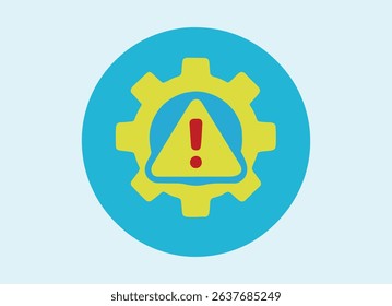 A yellow gear with a red exclamation mark inside a blue triangle, all inside a blue circle on a light blue background.