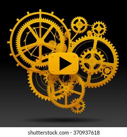 Yellow gear wheels of clockwork with move arrow on black background. Techno background. Steampunk style design. Vector Illustration.
