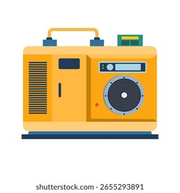 Yellow generator with a handle on top and a circular vent on the front.