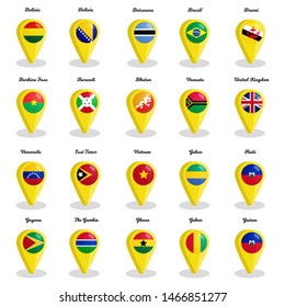 Yellow geo pin location isolated icon design voluminous with flags of countries. 
Vector illustration of spatial tags.