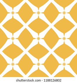 Yellow geometric grid texture. Abstract seamless pattern in oriental style. Luxury vector background. Simple white and yellow ornament with diamond shapes, flower figures, stars, net, repeat tiles