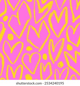 Yellow geometric hearts on bright pink background seamless pattern. Funky seamless pattern for Valentine's day wrapping paper. Girly background with crayon drawn geometric hearts and dots.