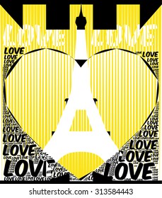 Yellow geometric lines background with Love words create Love heart design together and Paris Eiffel tower silhouette vector print pattern. For fashion and graphic design. Valentines day gift, card