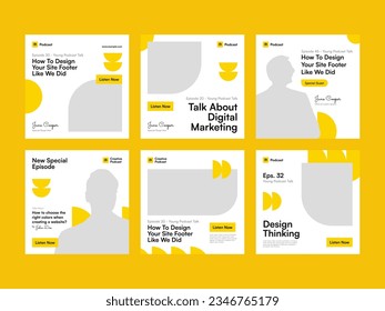 Yellow Geometric Pattern Podcast Media Promotion Set with Square Banner and Social Media Post Feed Template