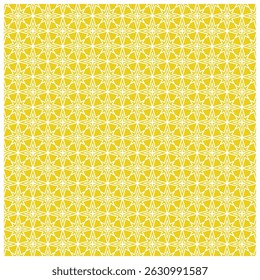 Yellow geometric pattern with white star-like floral shapes, forming a seamless design.
