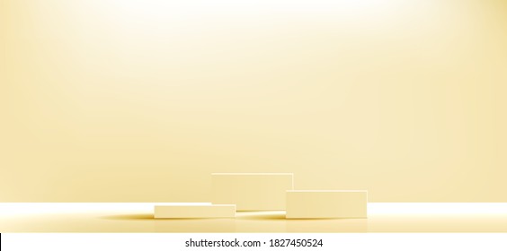 Yellow geometric podium square and minimal boxes. empty showcase for cosmetic product presentation. Fashion magazine. vector Illustration design.