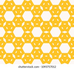 Yellow geometric seamless pattern. Vector abstract background texture with hexagons, small rhombuses, floral figures. Positive summer design for decoration, textile, fabric, clothing, wrapping, prints