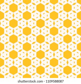 Yellow geometric seamless pattern. Vector abstract texture with hexagons, small rhombuses, floral figures. Background in bright colors. Positive summer design for decoration, textile, fabric, cloth
