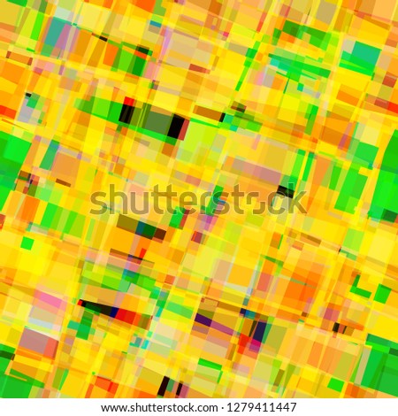 Yellow geometric seamless texture with green, pink, black inclusion. Bright seamless texture.