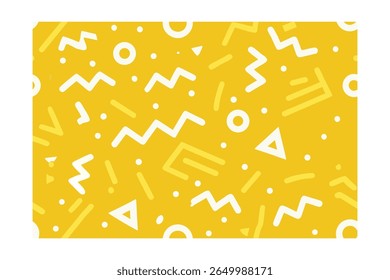 Yellow with geometric shapes including zigzags, circles, triangles, dots in a seamless pattern