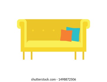 Yellow geometric sofa with a pillow for home and office isolated on a white background. Couch flat illustration for advertising banner concept of furniture stores, for mobile application or game.