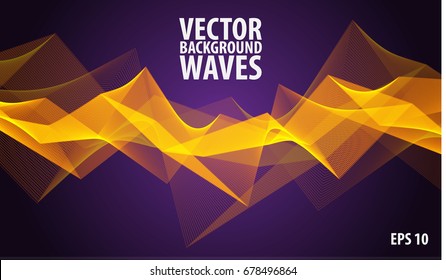 Yellow geometric waves on a dark background, geometric lines vector illustration
