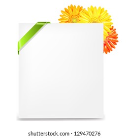 Yellow Gerber And Blank Gift Tag And Ribbon, Isolated On White Background, Vector Illustration