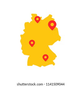 yellow germany map with geo tag. concept of tour to berlin or other german cities and geolocation markers. simple flat style trend modern logotype graphic art design isolated on white background