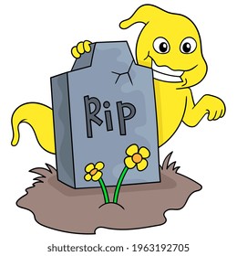 a yellow ghost in the grave, vector illustration art. doodle icon image kawaii.