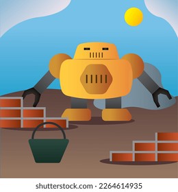 Yellow giant robot building a wall with bricks Vector