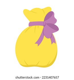 Yellow gift bag with purple bow. Flat design for New Year, Christmas, birthday, anniversary, wedding, holidays, event. Template for sale banner, package design, poster, greeting card. Vector