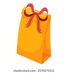 Yellow gift bag with red bow. Vector illustration of cartoon flat cute color present isolated on white background. Christmas or birthday present, anniversary or Valentine`s day gift box.