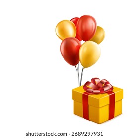 Eine gelbe Geschenkbox, die mit einem roten Band und einer Schleife geschmückt ist, begleitet von roten und gelben Ballons auf weißem Hintergrund.
