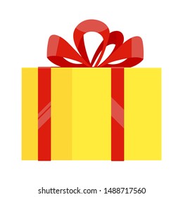 Yellow gift box with big ribbon and bow on it flat style design vector illustration isolated on white background. Wrapped present for holidays for you.