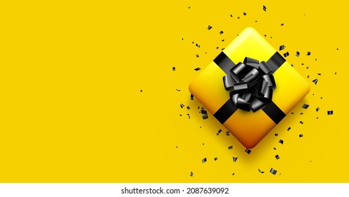 Yellow gift box with black bow. Christmas, birthday, Valentine's day present. Space for text. Vector holiday illustration.