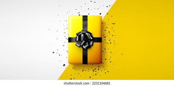 Yellow gift box with black bow. Christmas, birthday, Valentine's day present. Space for text. Vector holiday illustration.