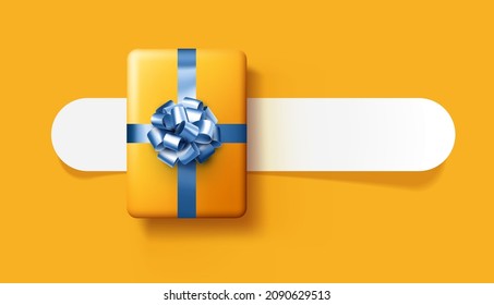 Yellow gift box with blue bow. Christmas, birthday, Valentine's day present. Space for text. Vector top view illustration.
