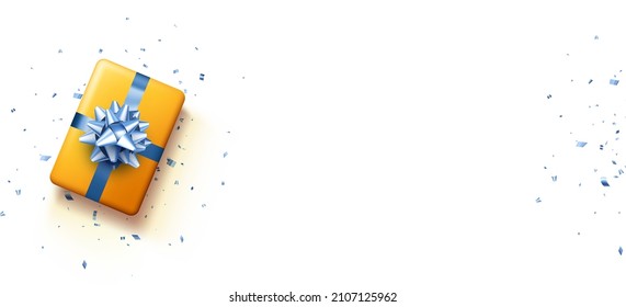 Yellow gift box with blue bow. Christmas, birthday, Valentine's day present. Space for text. Vector top view illustration.