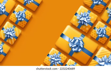 Yellow gift box with blue bow. Christmas, birthday, Valentine's day present. Space for text. Vector top view illustration.