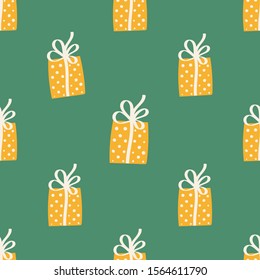 Yellow Gift box with bow on cute Christmass pattern