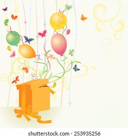 yellow gift box with butterflies and balloons