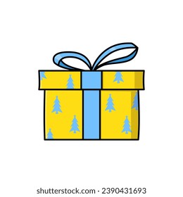 Yellow gift box with christmas trees ornmanent. Vector cartoon illustration. Isolated object on white.