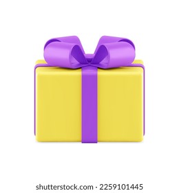 Yellow gift box elegant festive holiday congratulations decorative design 3d icon realistic vector illustration. Premium romantic present surprise package wrapped container bow ribbon for celebration