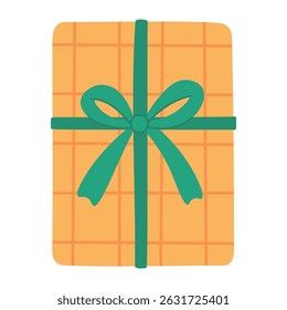 Yellow gift box with green bow and orange grid pattern. Flat colorful cartoon illustration.
