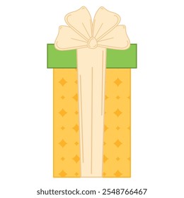 Yellow gift box with green lid and cream bow, Vector