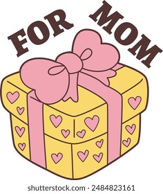 A yellow gift box with a heart motif, has the words 'For Mom' written on it.