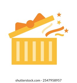 Icono amarillo de la caja de regalo, cerrado y abierto con los iconos brillantes del confeti. Ilustración vectorial minimalista.