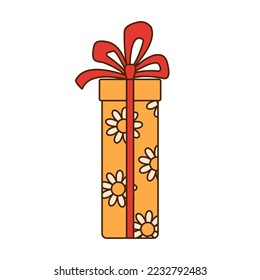 Icono de caja de regalo amarillo con arco rojo y flores aisladas en fondo blanco. Ilustración vectorial.