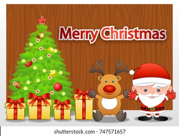 yellow Gift box nearby Santa claus and reindeer,behind are tree,wooden board and christmas branch decorate with ball,cartoon version,vector illustration