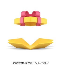 Yellow gift box open cardboard container with red bow ribbon 3d icon realistic vector illustration. Present festive congratulations surprise package with flying lid celebration fashion shopping decor