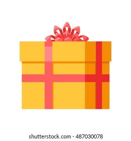 Yellow gift box with orange fashionable ribbon and bow isolated. Present box. Decorative stylish wrap for presents package. Modern packing product. Gift container web icon sign symbol. Vector